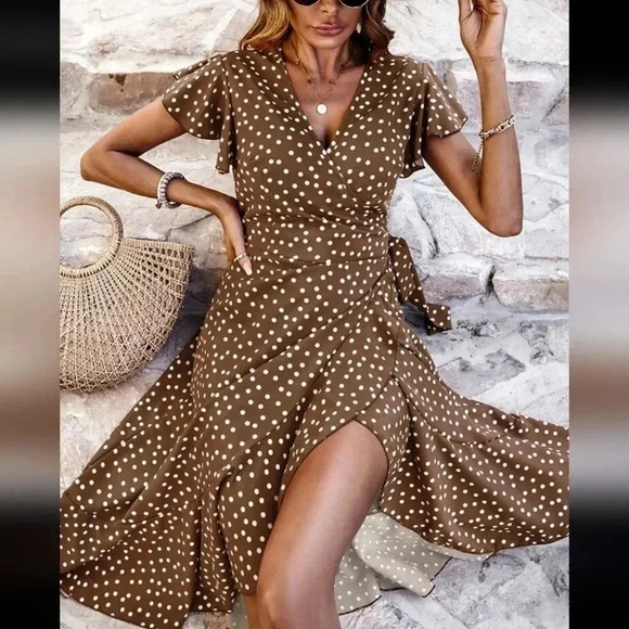 Polka Dot Print Butterfly Sleeve Knot Side Wrap Dress - Picture 1 of 5